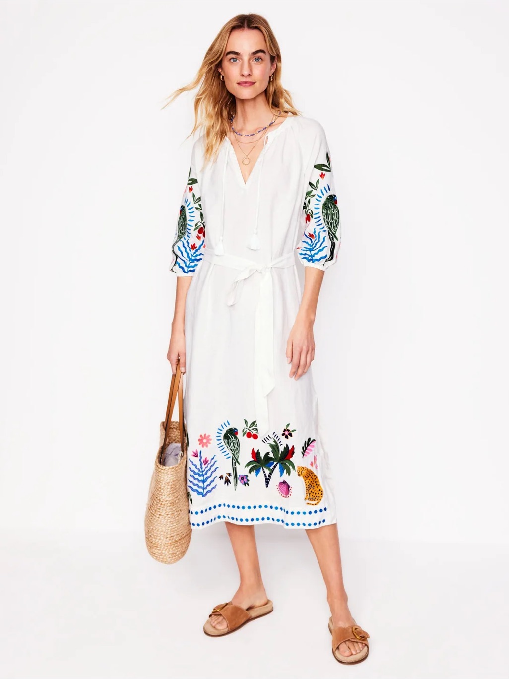 Boden Embroidered Linen Tassel Dress